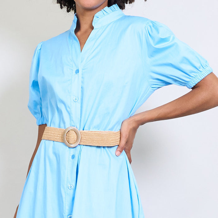 Ruffled neckline puff sleeve belted shirt dress wholesale