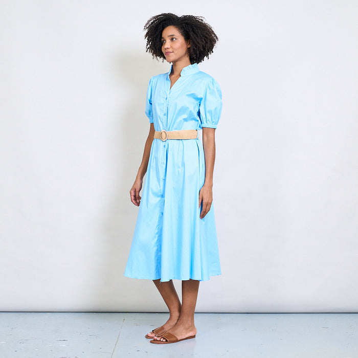 Ruffled neckline puff sleeve belted shirt dress wholesale