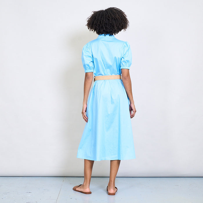 Ruffled neckline puff sleeve belted shirt dress wholesale