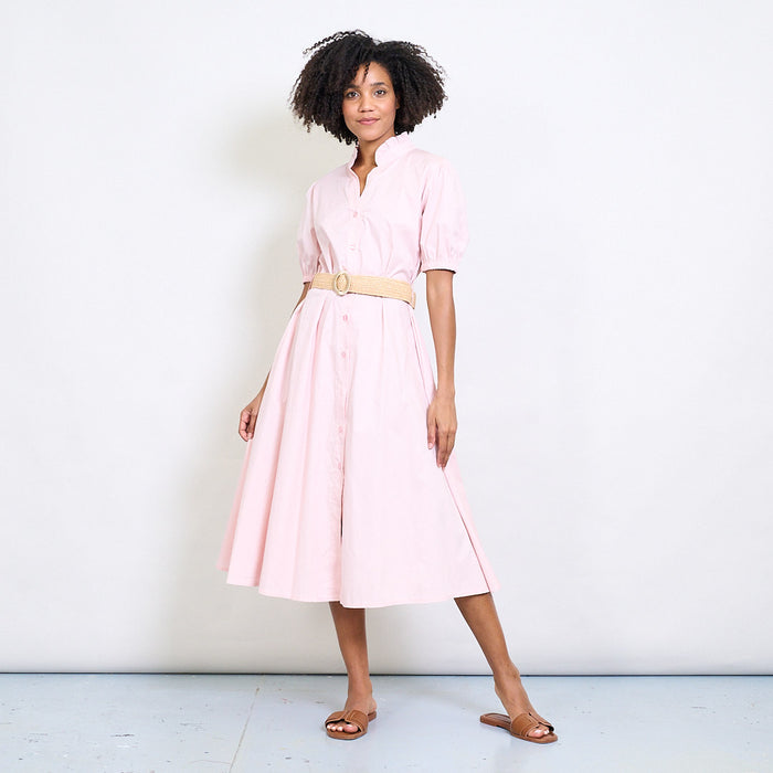 Ruffled neckline puff sleeve belted shirt dress wholesale