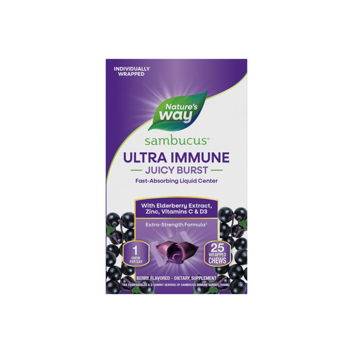Natures Way Sambucus Ultra Immune Juicy Burst is an elderberry-flavored supplement with black elderberry extract, zinc, and vitamin C for immune support, packaged in a purple box featuring ripe elderberries.