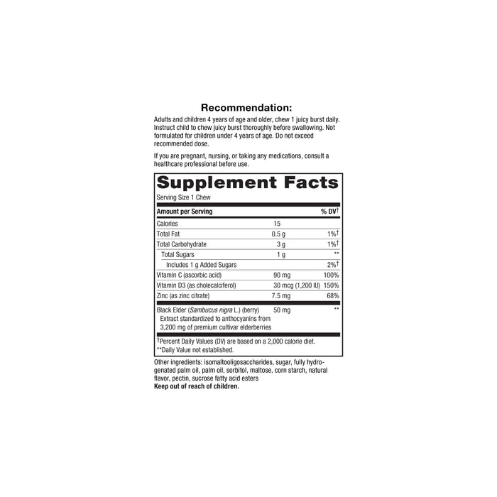 A supplement facts label for Natures Way Sambucus Ultra Immune Juicy Burst chews displays black elderberry extract, vitamin C, and zinc. Serving size, calories, carbs, sugars, and ingredients are listed. Recommendations and warnings appear at the top.