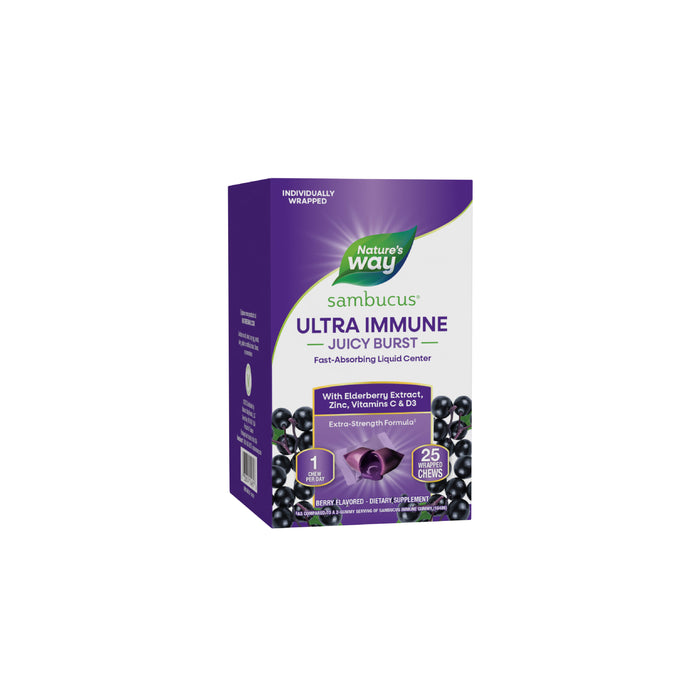 Nature’s Way Sambucus Ultra Immune Juicy Burst provides immune support with black elderberry extract, zinc, vitamins C & D3; each box includes 25 chewable supplements.
