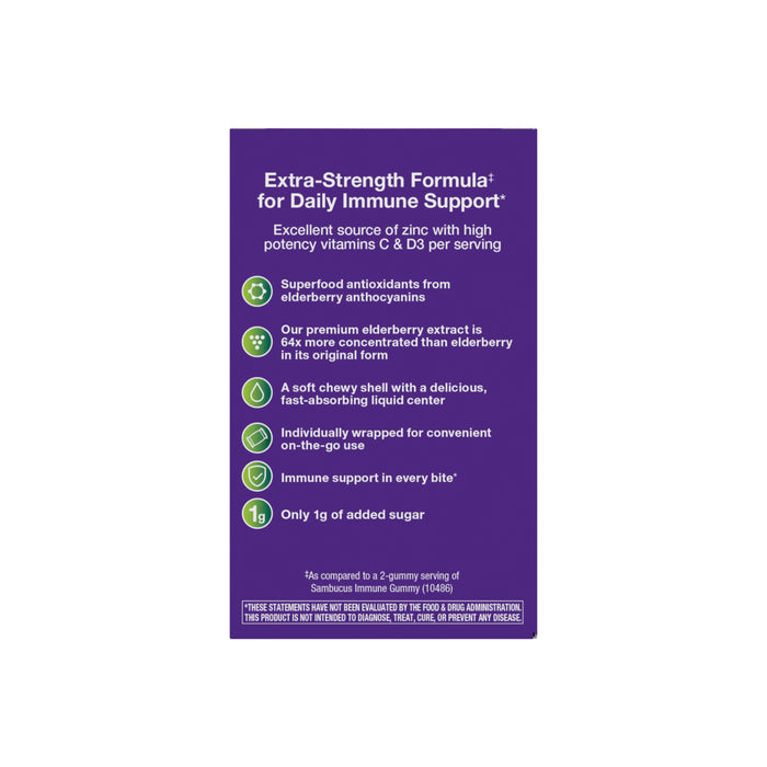 Nature’s Way Sambucus Ultra Immune Juicy Burst comes in a purple box and delivers daily immune support with extra-strength antioxidants, black elderberry extract, vitamins C & D3, a fast-absorbing liquid center, and just 1g added sugar per serving.