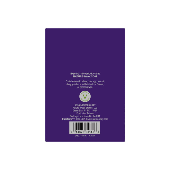 The back of the Sambucus Ultra Immune Juicy Burst box by Natures Way is purple with white text, stating it contains no salt, wheat, soy, egg, peanut, dairy, gluten, or artificial additives. Includes black elderberry extract for immune support. Website and contact info listed.