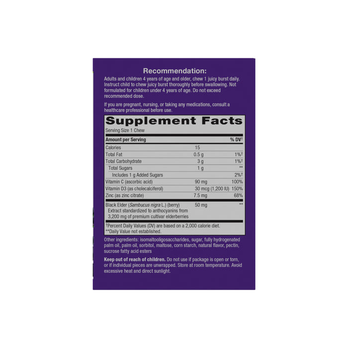 A purple nutrition label for Natures Way Sambucus Ultra Immune Juicy Burst chewable supplement displays serving size, calories, nutrients with daily values, vitamin C and black elderberry extract, usage tips, and an ingredient list at the bottom.