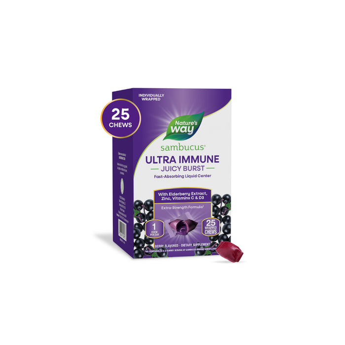 A box of Nature’s Way Sambucus Ultra Immune Juicy Burst chews is shown. The purple and white packaging features 25 chews with black elderberry and vitamin C for immune support, plus one unwrapped chew in front.