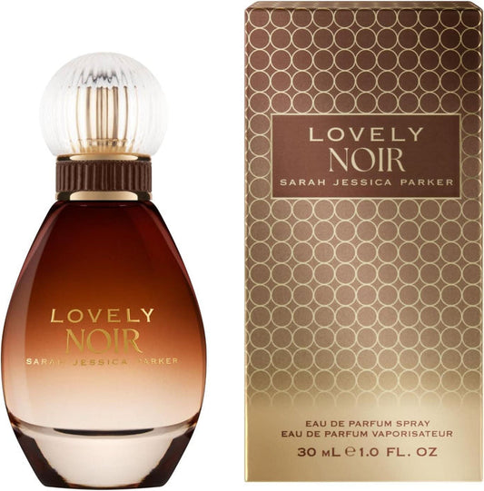 Sarah Jessica Parker Lovely Noir Eau de Parfum 30ml bottle and gold circle-patterned box on white background
