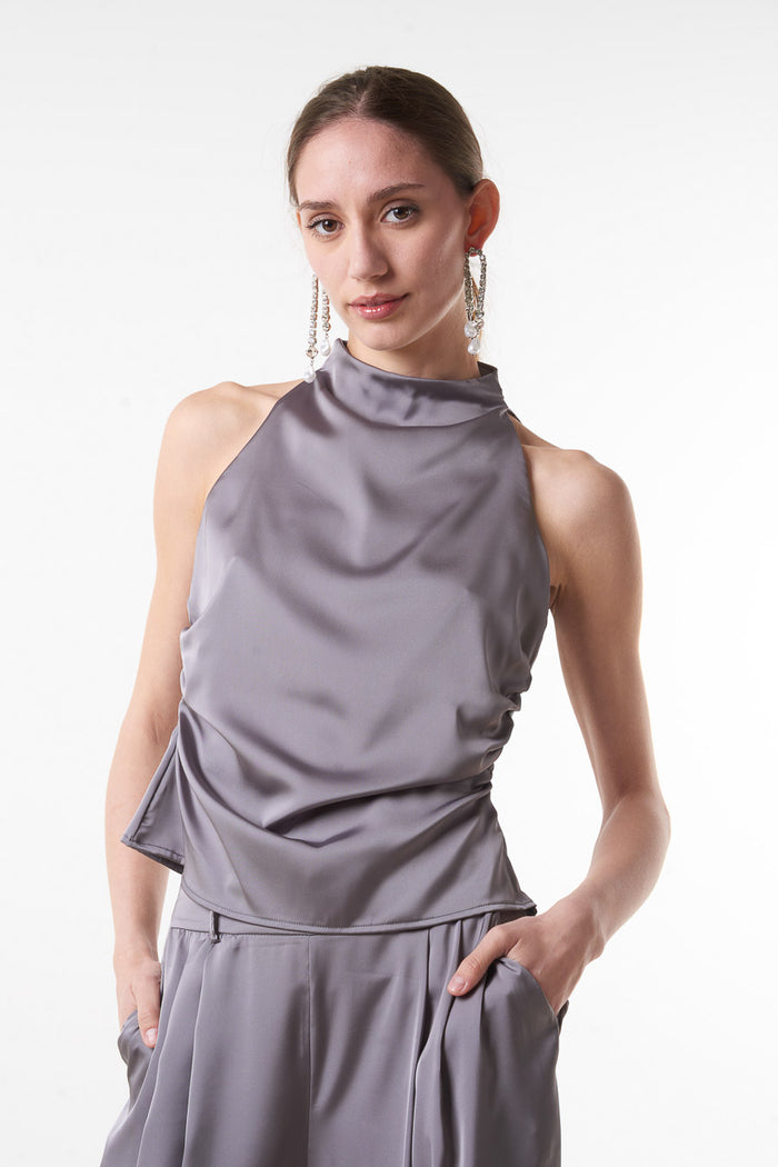 Satin draped halter neck sleeveless top wholesale