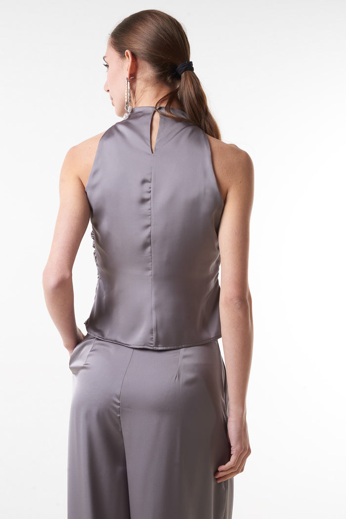 Satin draped halter neck sleeveless top wholesale