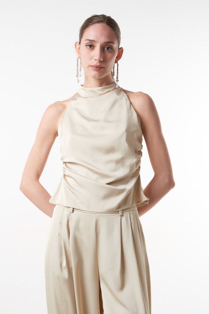 Satin draped halter neck sleeveless top wholesale