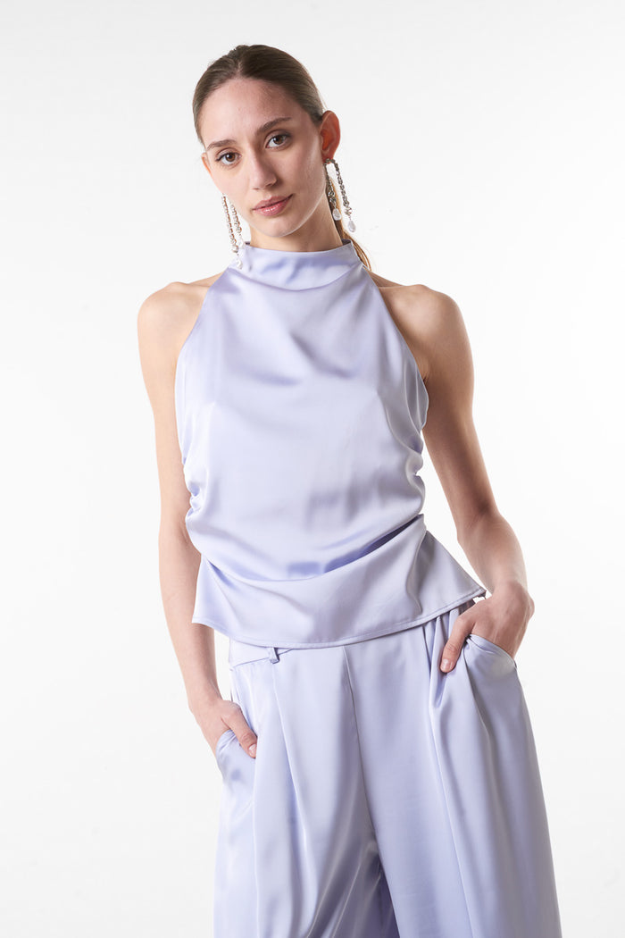 Satin draped halter neck sleeveless top wholesale