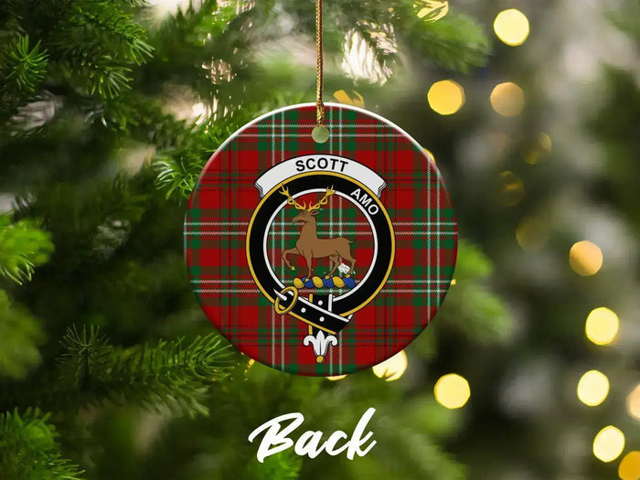 Clan Scott ceramic Christmas ornament — tartan deer crest, on tree