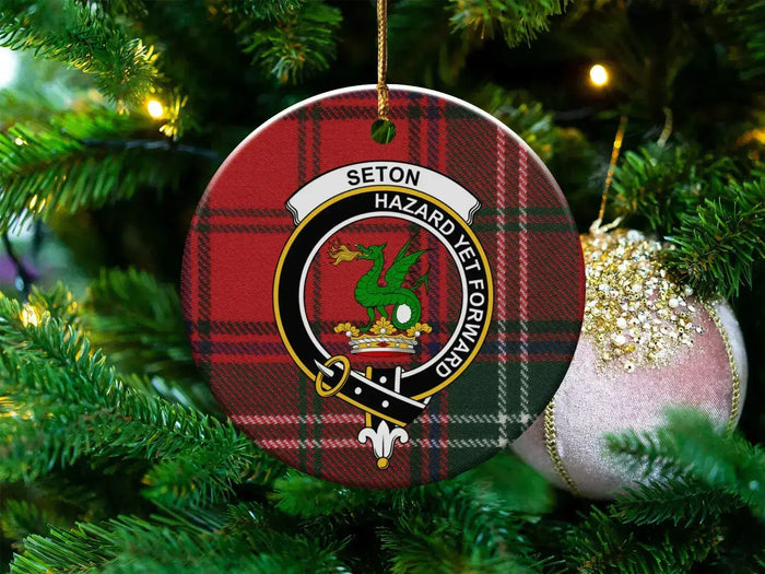 Clan Seton tartan ceramic ornament — 3" round disc with Hazard Yet Forward dragon crest and gold string