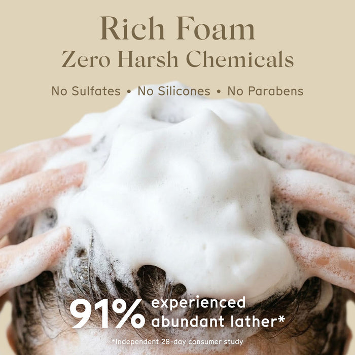 Person applying Arista foamy shampoo bar to hair with text highlighting product benefits on a beige background