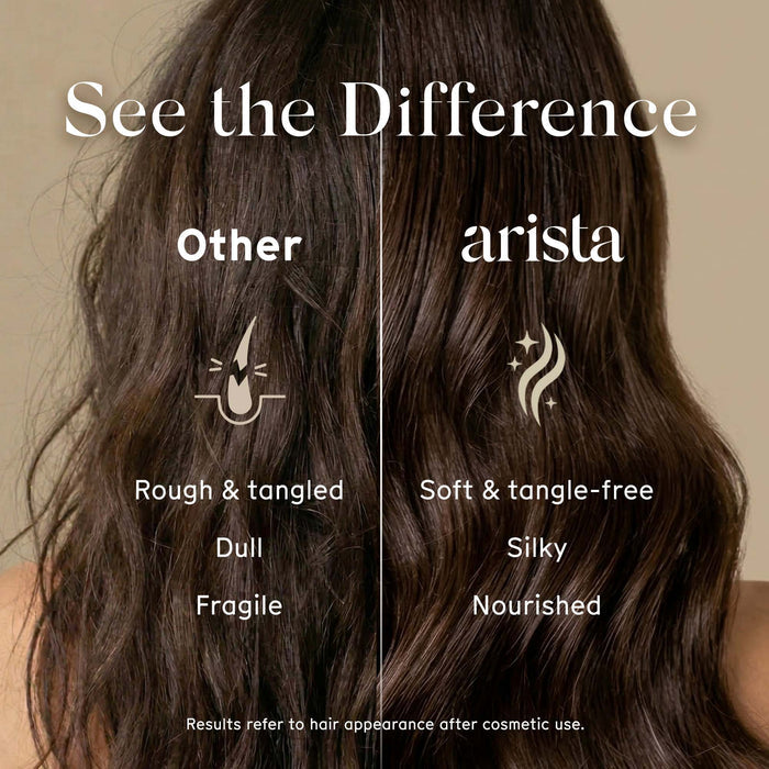 Split image of hair before and after cosmetic use with See the Difference text, left rough and tangled, right soft and silky.