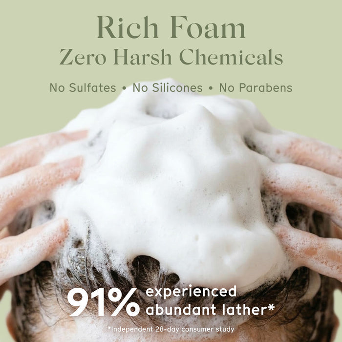 Person applying Arista foamy dandruff shampoo bar to hair with text highlighting zero harsh chemicals and abundant lather.