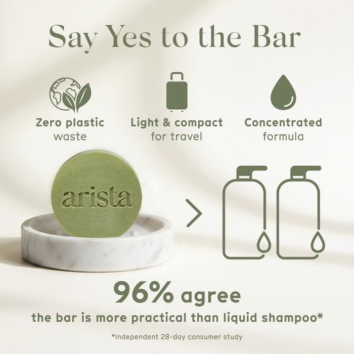 Arista dandruff shampoo bar with benefits listed on a light background