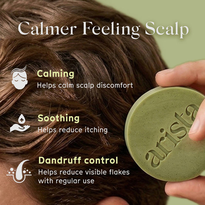 Arista shampoo bar held by a hand, next to text about scalp benefits on a green background.