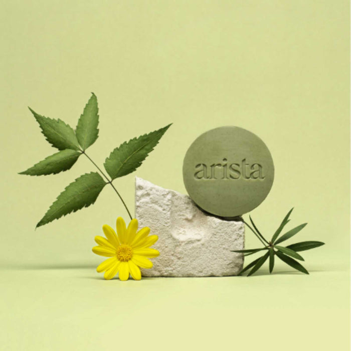 Pale green backdrop with a blue round arista soap resting on a white rock, surrounded by leaves and a yellow flower