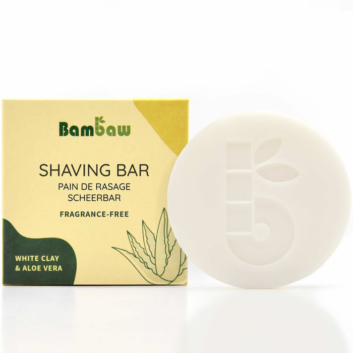 Shaving Bar packaging beside a foam covered bottle with a yellow SHAVING BAR box