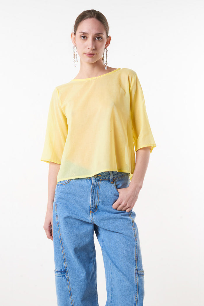 Sheer boxy short-sleeve blouse with contrast cuff wholesale