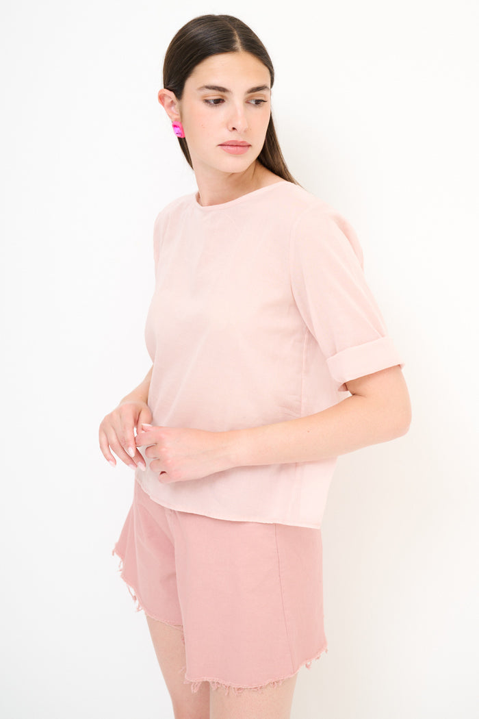 Sheer boxy short-sleeve blouse with contrast cuff wholesale