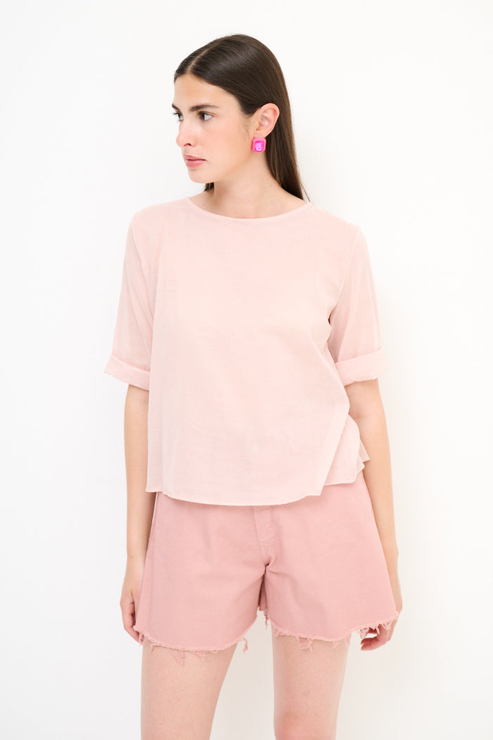 Sheer boxy short-sleeve blouse with contrast cuff wholesale