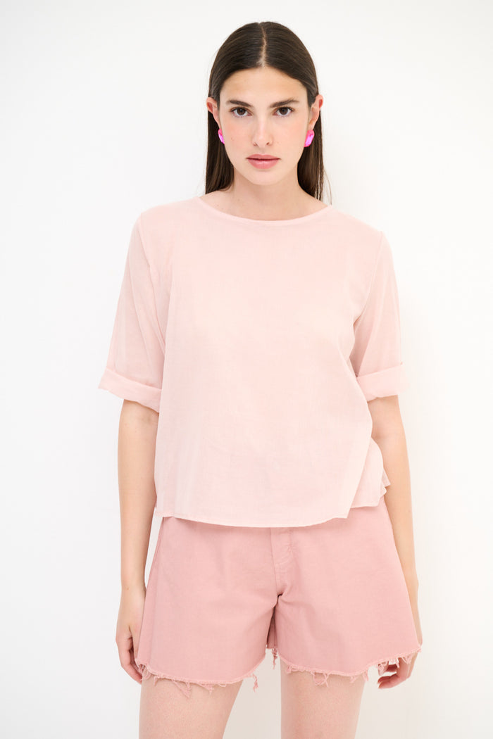 Sheer boxy short-sleeve blouse with contrast cuff wholesale