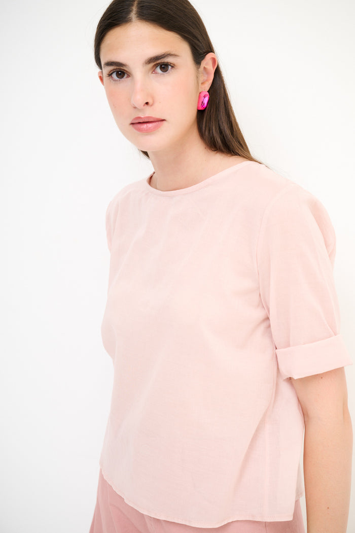 Sheer boxy short-sleeve blouse with contrast cuff wholesale