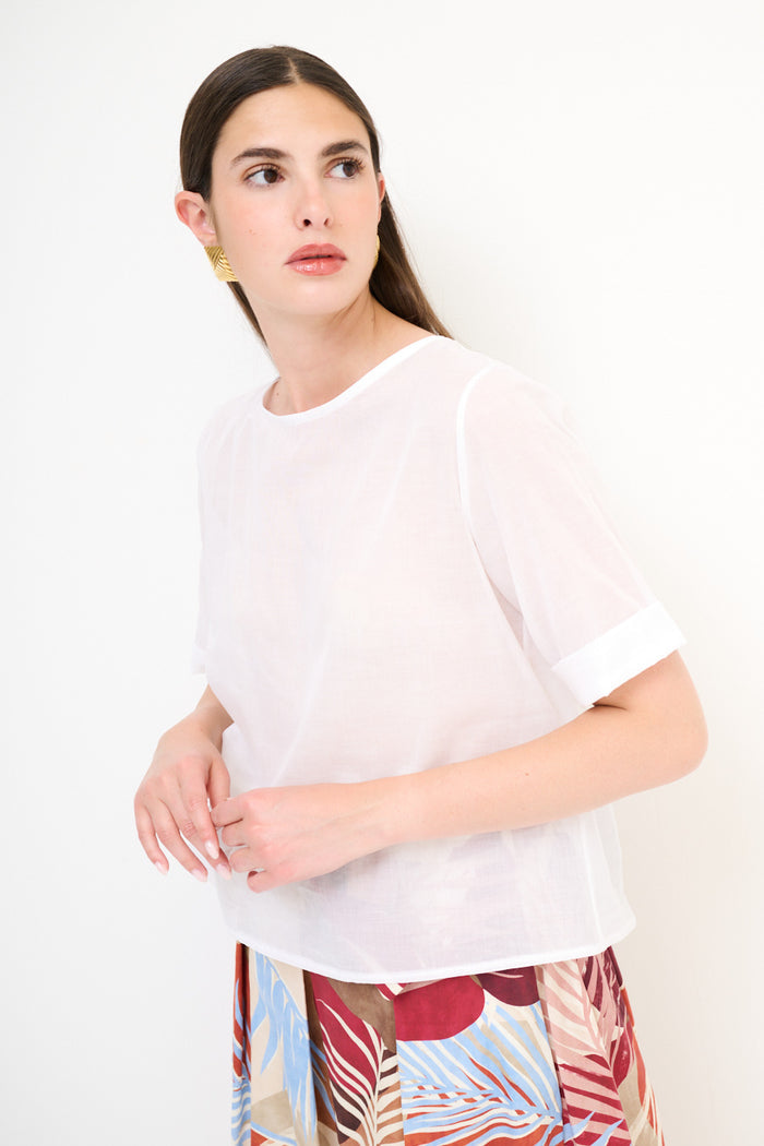 Sheer boxy short-sleeve blouse with contrast cuff wholesale