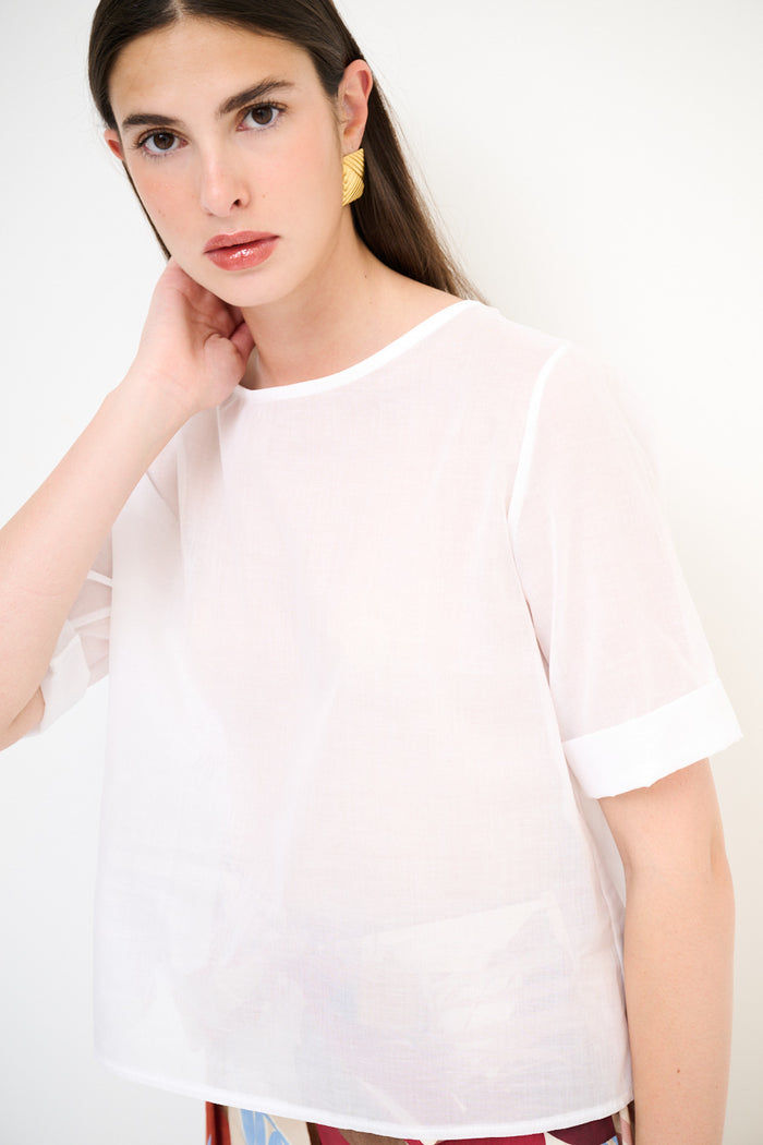 Sheer boxy short-sleeve blouse with contrast cuff wholesale