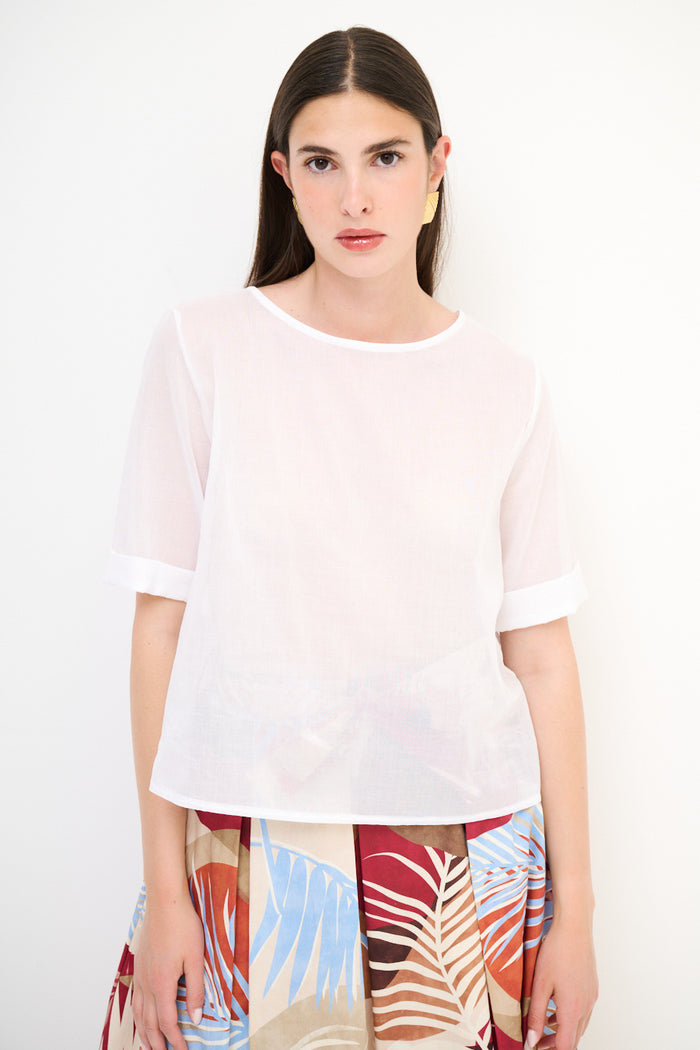 Sheer boxy short-sleeve blouse with contrast cuff wholesale