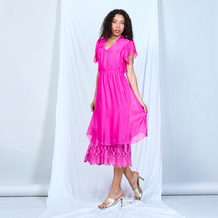 Silk chiffon ruffle sleeve dress with lace hem wholesale