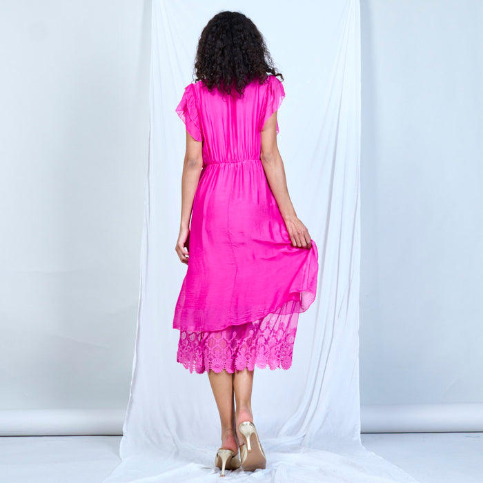 Silk chiffon ruffle sleeve dress with lace hem wholesale
