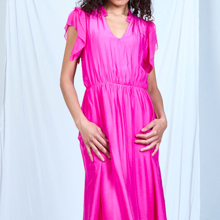 Silk chiffon ruffle sleeve dress with lace hem wholesale