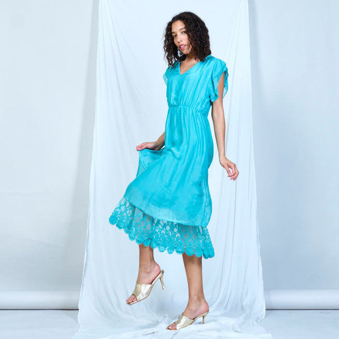 Silk chiffon ruffle sleeve dress with lace hem wholesale