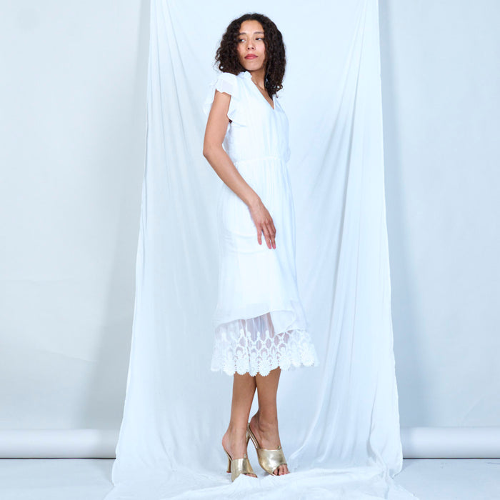 Silk chiffon ruffle sleeve dress with lace hem wholesale