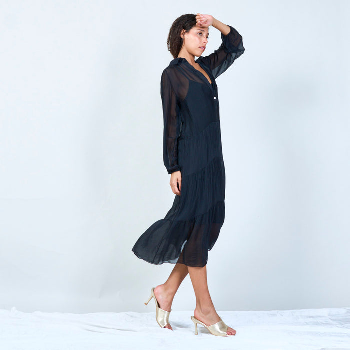 Silk chiffon sheer collared tiered dress wholesale