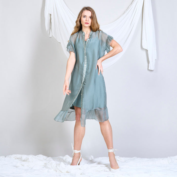 Silk chiffon sleeveless midi dress with ruffles sleeves wholesale