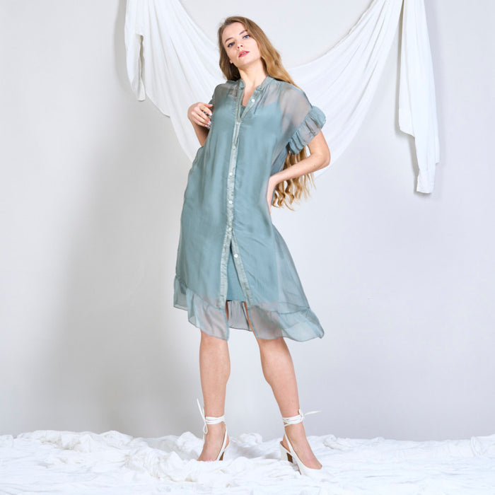 Silk chiffon sleeveless midi dress with ruffles sleeves wholesale