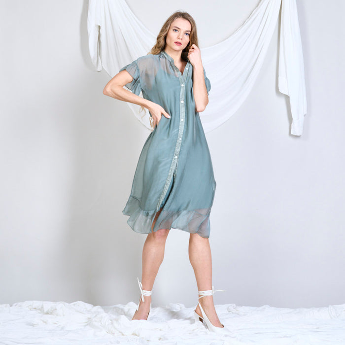 Silk chiffon sleeveless midi dress with ruffles sleeves wholesale