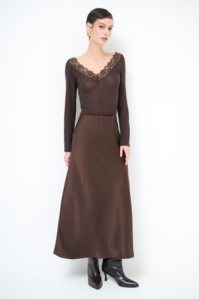 Silk-touch flow midi skirt with minimalist straight drape wholesale