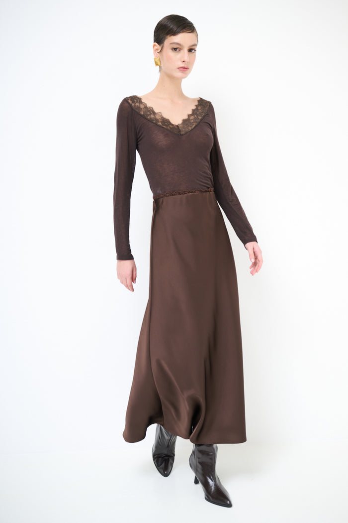 Silk-touch flow midi skirt with minimalist straight drape wholesale