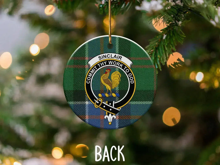 Sinclair Family Crest back of the ceramic ornament on a tree