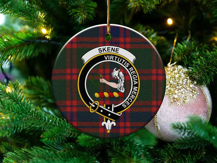 Clan Skene tartan crest ceramic ornament — 3 inch, double-sided with gold string