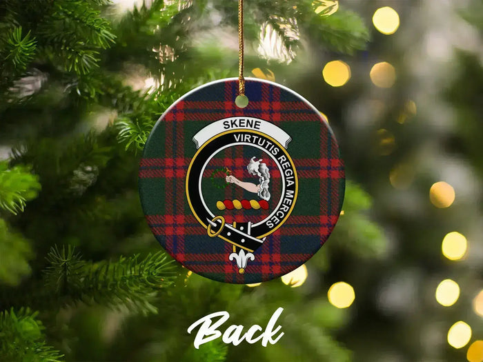 Clan Skene Scottish tartan clan crest Christmas ornament — on tree