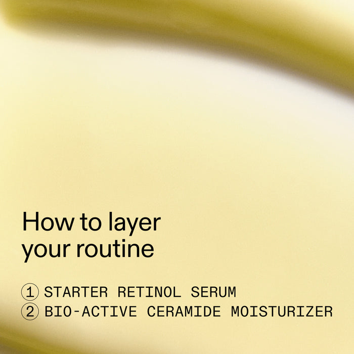 Text on a beige background about layering a skincare routine with retinol serum and moisturizer.