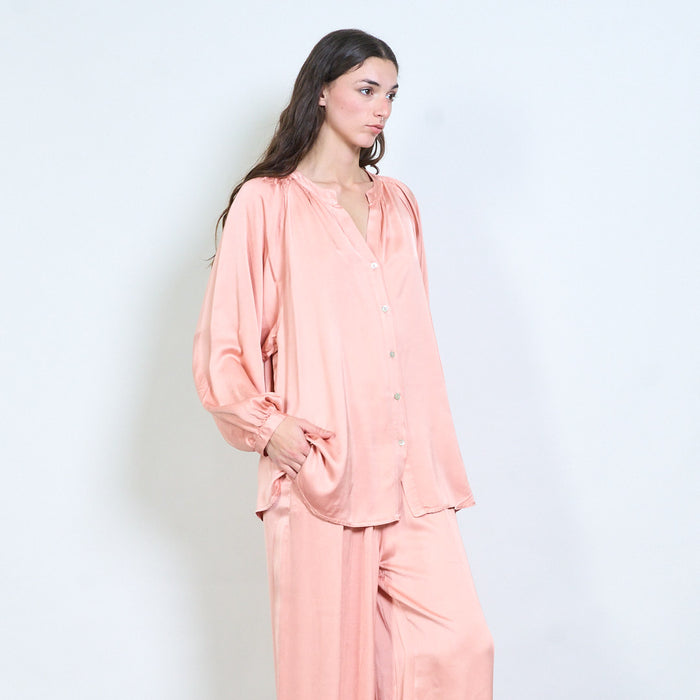 Soft drape gathered-neckline button blouse wholesale