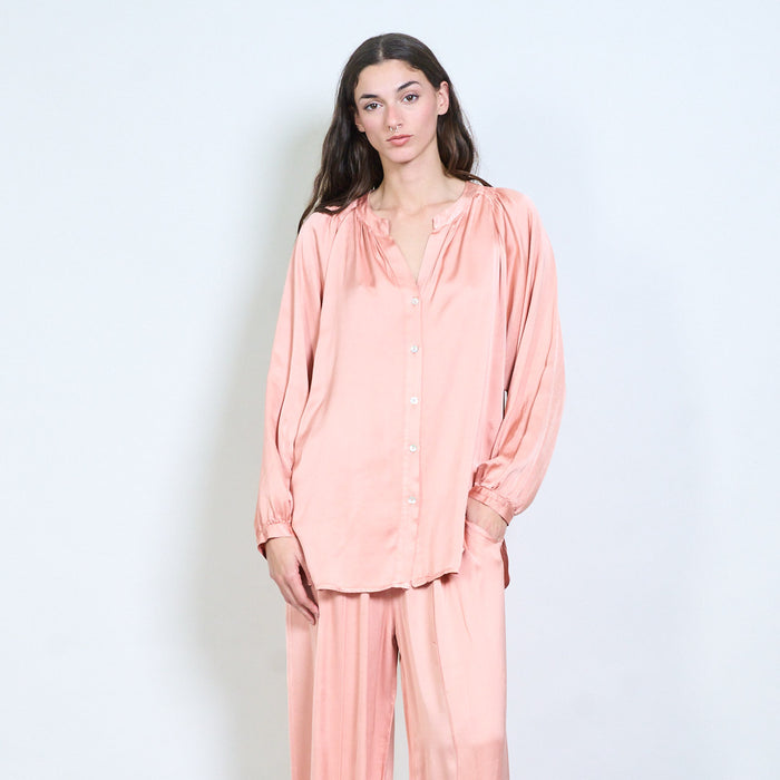 Soft drape gathered-neckline button blouse wholesale